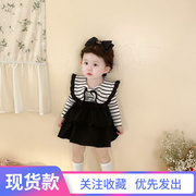 韩版春秋季婴儿衣服，女宝宝条纹翻领大蝴蝶结长袖哈衣半身裙两件套