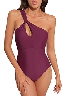 amber外单女士三角连体泳衣时尚，斜肩气质性感，镂空纯色修身带胸垫