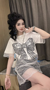 欧洲站夏季韩版潮设计感蕾丝拼接假两件蝴蝶结印花宽松短袖T恤女