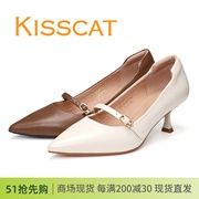 kisscat接吻猫2024春款新细跟高跟尖头，一字带羊皮女鞋高跟鞋单鞋