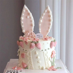 网红大南瓜同款珍珠兔耳朵唯美蛋糕装饰插件，复古小兔宝宝生日摆件