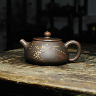 钦州坭兴陶名家甘世荣兰花石瓢壶茶壶纯全手工紫泥砂茶壶