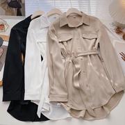 长袖衬衫女气质显瘦中长款2022年春季韩版小众设计感系带上衣