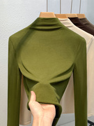 半高领羊绒打底衫长袖，t恤女装，2023秋冬高级感牛油果绿色上衣