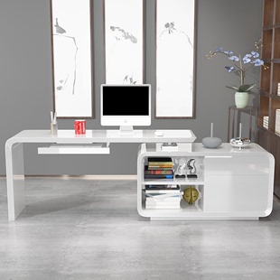 电脑桌台式家用现代简约旋转转角白色烤漆书桌书架书柜办公桌组合