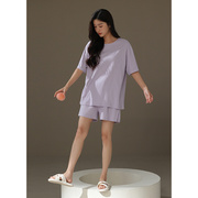 睡衣女夏季纯棉薄款短袖短裤紫色休闲宽松简约时尚圆领家居服套装