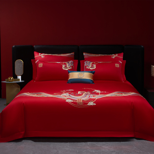 中式刺绣结婚床上四件套红色喜被120支全棉，被套婚庆床单床上用品