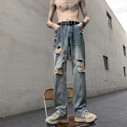 vintage美式复古破洞牛仔裤男夏季薄款水洗，做旧设计感毛边阔腿裤