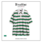 Veaffor美式潮牌原创小众拼接条纹短袖POLO衫男女夏季情侣宽松T恤