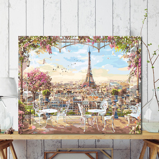 diy数字油画风景定制客厅，减压手工填充填色巴黎铁塔油彩装饰画