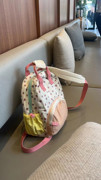 2023帆布草莓双肩包儿童(包儿童)女生多巴胺，拼色背包可爱休闲出游书包