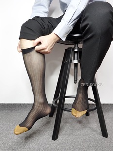 2双宽条纹金脚趾锦纶丝袜男士商务绅士超薄透气及膝高筒袜子