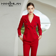 韩诗兰秋季高端双排扣小西装女长袖时尚OL红色西服裤职业装