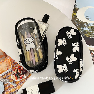 原创款，经典小众泰迪狗狗黑白色超大容量学生笔袋便携文具收纳袋