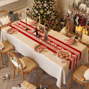 红色圣诞桌旗雪尼尔，喜庆桌布美式轻奢高级感餐桌布复古茶几盖布