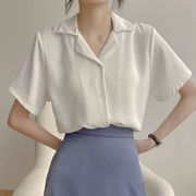 学院风复古短袖衬衫女2024夏季韩版职业西装领翻学生纯色上衣
