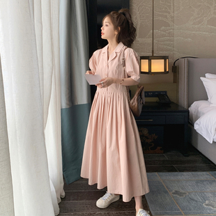 粉色初恋连衣裙女夏季韩版宽松法式高腰显瘦遮肚子学生百褶裙