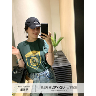 yangle_复古印花绿色t恤女2024夏季时尚，美式宽松短袖体恤欧货