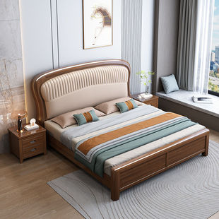 现代中式实木床1.8米加厚双人1.5米单人床主卧床气压抽屉高箱大床