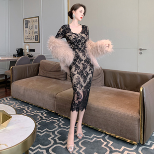 轻熟风黑色蕾丝连衣裙女秋冬新款性感气质修身显瘦打底内搭包臀裙