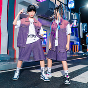 街舞儿童潮服牛仔马甲，紫色套装hiphop夏季男童，嘻哈童装爵士演出服