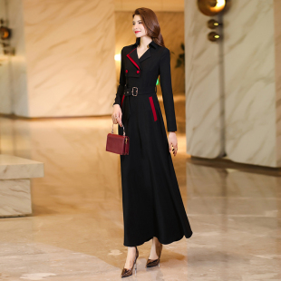 秋款女装黑色风衣式连衣裙西装，领高端品牌长袖，垂坠感长裙1807