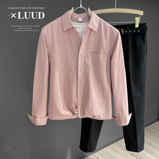 luud2024年很流行的春季衬衫翻领潮男长袖粉红色，内搭外穿衬衣潮