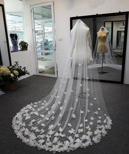 法式头纱轻婚纱长款拖地超仙森系3D花拍照道具高级感结婚新娘头饰