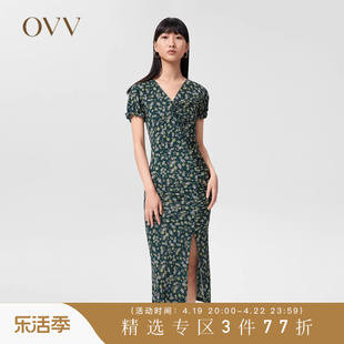 小雏菊印花OVV春夏女装时尚V领开叉短袖连衣裙