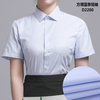 2024夏季蓝色条纹衬衫女短袖商务休闲ol显瘦职业装方领白衬衣修身