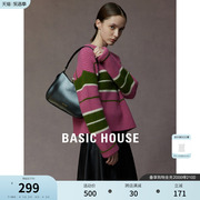 basichouse百家好2023秋季圆领时尚撞色上衣女条纹舒适毛衣