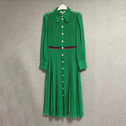 欧美时尚春秋季休闲绿色波点方领长袖收腰通勤百褶长款衬衫连衣裙