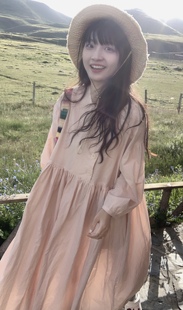 Krismerryland粉色棉甜美oversize长袖圆领女连衣裙