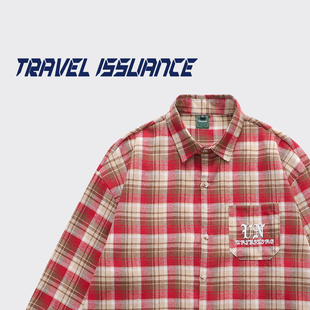 travelissuance简单一点ins潮牌红色格子宽松情侣长袖衬衫春季