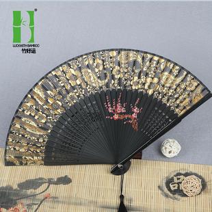 夏季古风竹骨折扇中国风手绘漆边绢扇女生，舞蹈专用便携折叠扇子