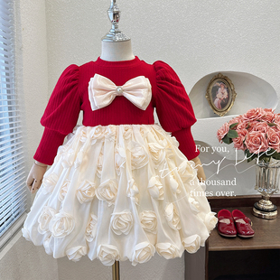韩系童装女童秋冬2024洋气，女宝宝红色礼服，儿童加绒花苞公主裙
