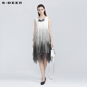 sdeer圣迪奥女夏装，时尚圆领网纱拼接高级感无袖连衣裙s21281248