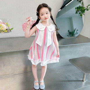 女童夏季可爱韩版彩虹甜心公主裙2024款连衣裙小女孩洋气粉、蓝色