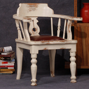 古朴彩漆榆木休闲椅复古北欧实木做旧椅子舒适皮坐垫扶手餐椅书椅