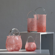 北欧简约创意手提篮粉色包包玻璃花瓶插花客厅摆件花瓶