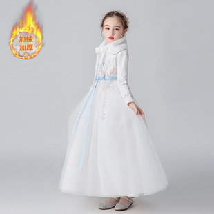 冬季儿童礼服白色，网纱长袖连衣裙女童走秀演出服公主裙蓬蓬裙