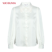 VJC OLIVIA2024早春法式衬衫白色绣花翻领缎感长袖衬衫通勤女装新