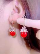 红色珍珠耳环项链套装，2023年网红女式气质，水晶耳坠女耳圈饰品