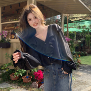 大码女装韩版宽松型甜美衬衫V领纯色优雅法大码衬衣上衣