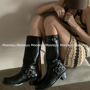 mooreyu马丁靴高跟骑士靴，秋季不过膝靴子长靴女英伦风棕色高筒靴