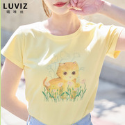 短袖t恤女春夏女装可爱小猫，小清新印花棉，t恤修身小众设计t恤