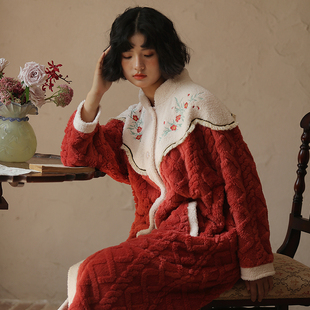 松子壳中式国风珊瑚绒睡衣女冬季睡袍长款加绒加厚保暖家居服套装