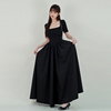 野屋YEU黑色方领收腰气质连衣裙女夏季法式赫本风短袖显瘦长裙子