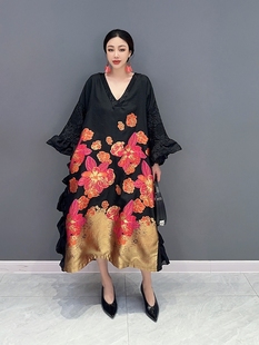 2024春季韩版时尚v领宽松大码蝙蝠袖，连衣裙气质显瘦女装