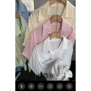 夏季纯色翻领短袖雪纺衬衫单排扣小清新流行上衣时尚，休闲洋气f$12